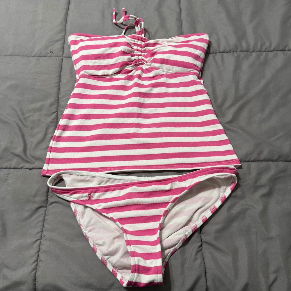 Ralph Lauren Pink White Striped Tankini Swimsuit Large Set 2 Piece Halter Top